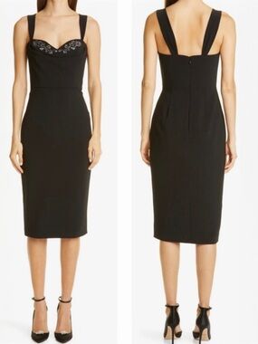 Marchesa Notte Crystal Embellished Cowl Neck Crepe Sheath Cocktail Midi Dress